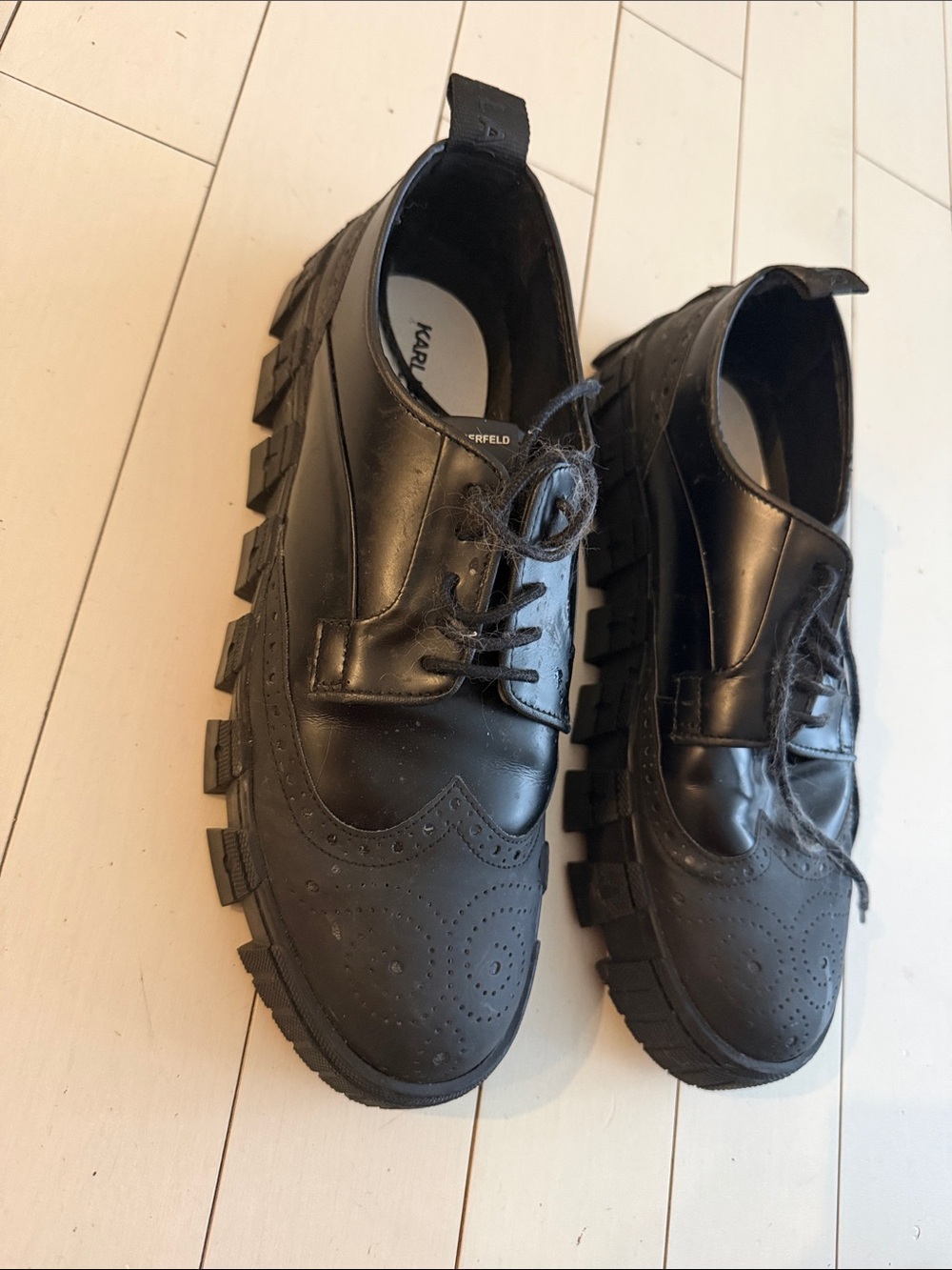 Karl Lagerfeld Black Leather Lug-Sole Brogue Derby Shoes